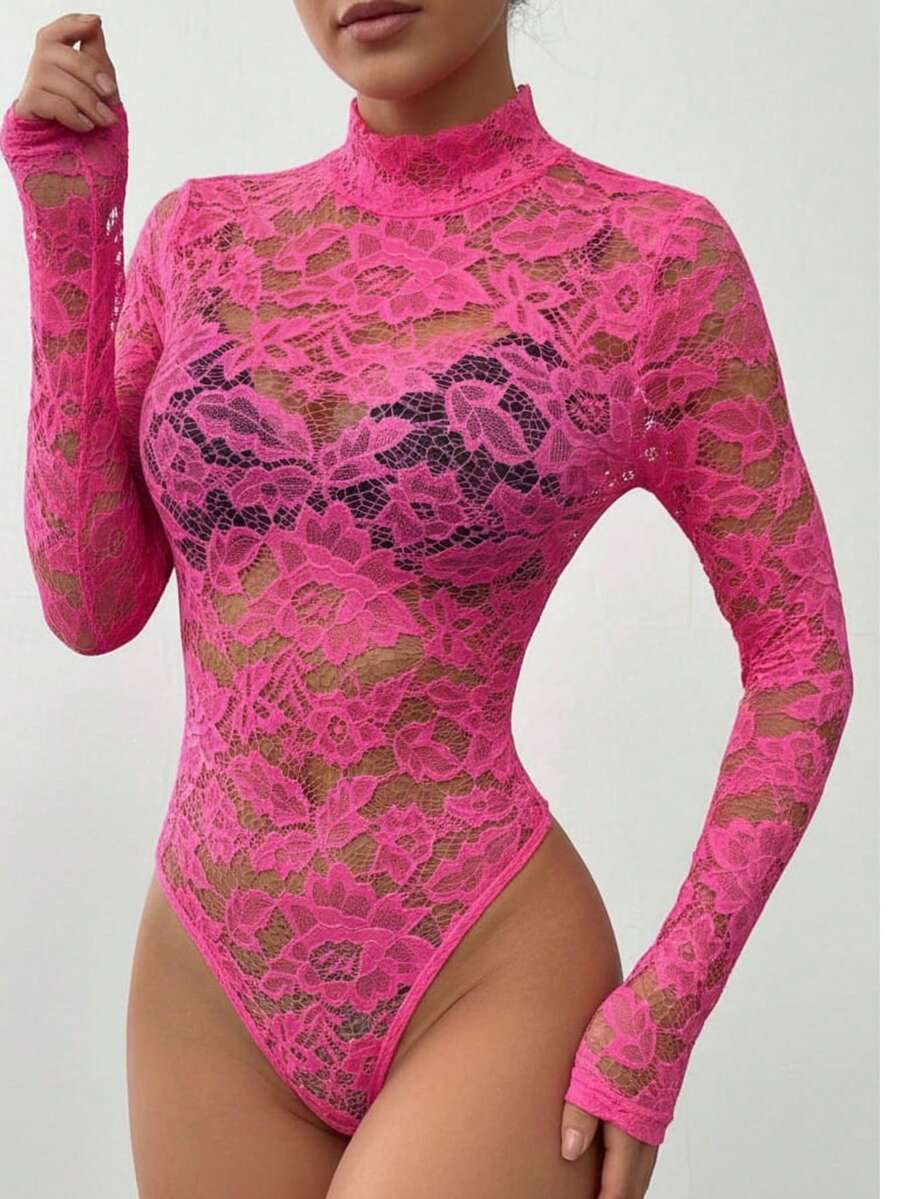 Women's Long-Sleeved Bodysuit With Comfortable Sheer Lace - Hot Pink - View 1
