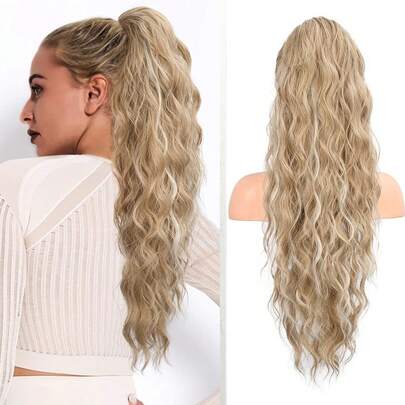 32英寸抽绳马尾假发，女士长卷曲波浪马尾假发，自然合成假发（32英寸蜜金色带挑染）