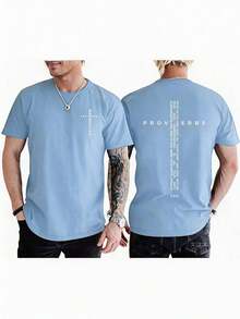 Men Vintage Christian Cross Bible Verse Tee, Jesus Faith Inspirational Cotton Short Sleeve Streetwear Top, Daily Gift For Boyfriend Husband - 淺藍色 - 查看 11