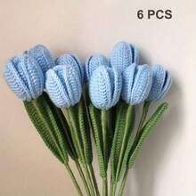 Handmade Crochet Tulip Bouquet, Mixed Color Knitted Artificial Flowers, Spring Hand-Woven Flowers, Realistic Yarn Flowers, Wedding Decoration Flowers, Perfect For Valentine's Day, Mother's Day, Wedding And Graduation Gifts, Tabletop Decor, Home Kitchen Living Room Beautification Decoration, Artificial Flower Decor, Blue And Pink Flowers - Multicolor - View 13