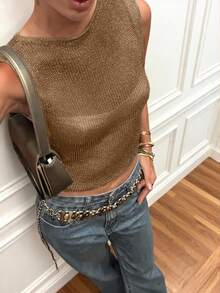 Mejors 女士休闲可爱 Y2K 风格闪亮半透明无袖针织吊带背心，圆领细肩带，新款时尚街头风，适合约会、乡村音乐节、夜店派对、春夏外出，卡其色 - 卡其色 - 查看 10