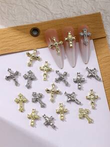 20 Peças Joia de Unha de Estilo Punk em Liga de Metal com Strass em Formato de Cruz, Decoração de Arte de Unha Metálica Caveira e Cruz Y2K, Adesivos de Unha Minimalistas e Versáteis, Acessórios Delicados de Unhas Postiças DIY - Multicolorido - Visão 2