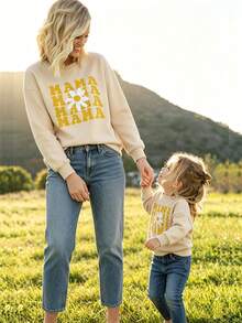 Mommy And Me Matching Outfits Christmas/Halloween Matching Sweatshirts Mama/Mini Letter And Bowknot Embroidery Long Sleeve Crewneck Pullover Shirt Blouse Top Mom And Daughter Matching Holiday Party Clothes - 杏色 - 查看 4