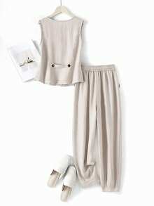 Women's Casual Linen Blazer Vest And Pants Set, Spring/Summer - Beige - View 2