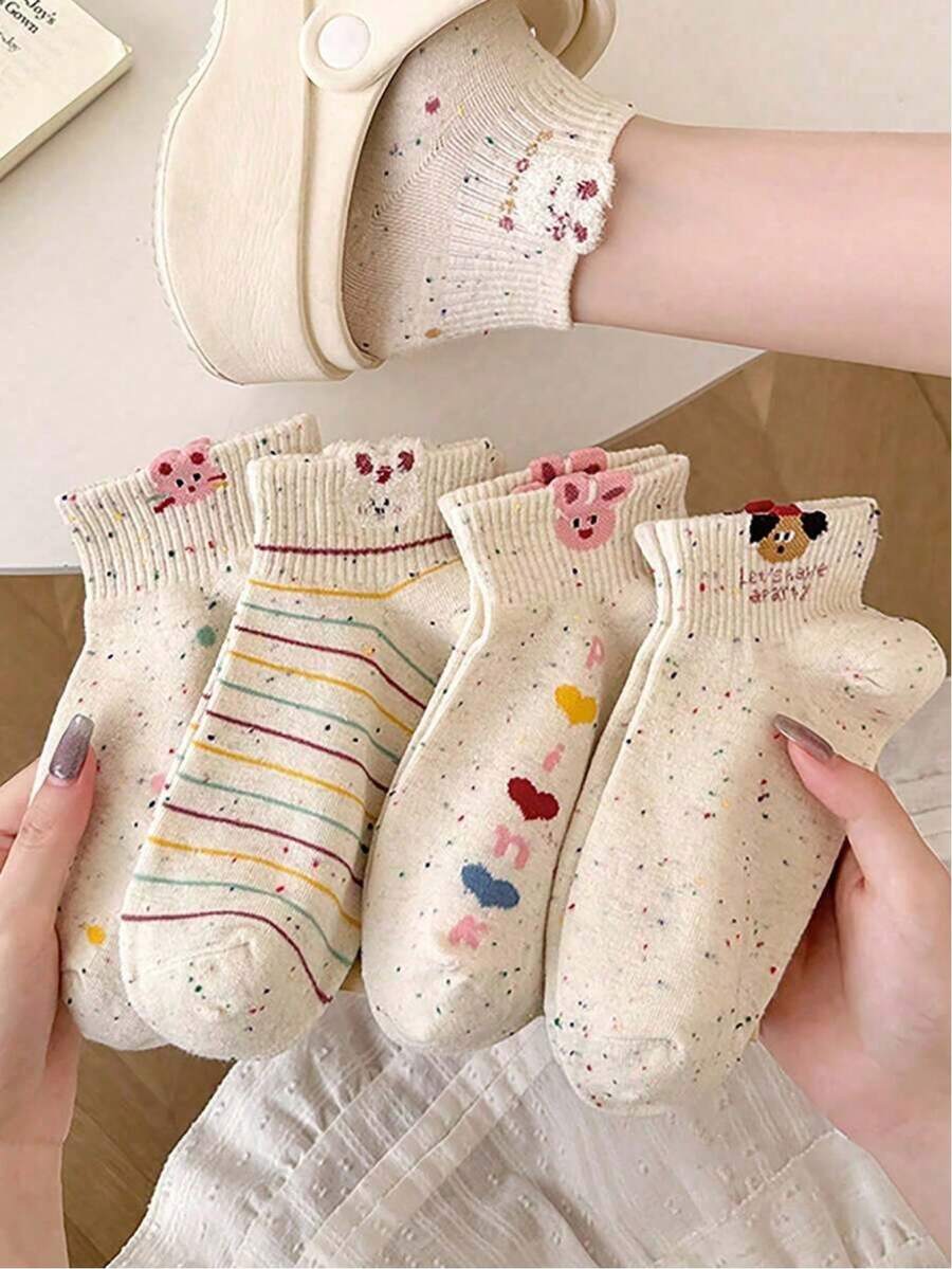 5双装波点透明女士短袜，可爱卡通图案，透气休闲运动袜，春夏款 - 款式A - 查看 1