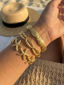 1pc Fashionable Sexy Resort Style Stainless Steel 18K Gold Starfish, Shell, Fish Bracelet, Adjustable Open Design, Versatile - Gold - View 3