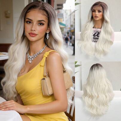 Elegant Beige Ombre Long Curly Wig For Women - Heat Resistant, 13*4 Lace Front Wig Natural Look With Middle Part, Soft & Breathable Synthetic Lace Hair, Perfect For Cosplay, Halloween, Music Festivals & Casual Attire 26 Inch Beigo Ombre/Green Elastic Mesh Cap