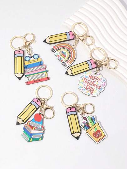 返校季新品DIY钥匙扣，“最佳老师”铅笔彩虹木质吊牌钥匙扣，英文标语书本铅笔苹果，毕业季，教师节钥匙扣，创意同学聚会礼物，创意礼物，节日礼物