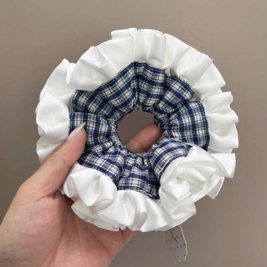 1件格子休闲涤纶发圈,多功能蓝白格纹双层荷叶边发圈马尾辫发绳发圈橡皮筋发圈发绳 - 藍白格紋雙層髮圈 - 查看 1