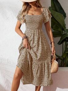 Vestido maxifloral con volantes en el bajo para vacaciones y playa para mujeres - Marrón - Ver 8