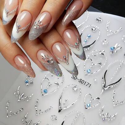 1张5D银色法式美甲贴纸，奢华镂空心形项链图案，浮雕几何贴纸，美甲用品