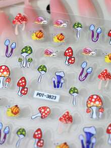 1 Stück geprägte irisierend bunte Pilz- und Schnecken-Nagel-Sticker, Cartoon-Thema, glänzender Effekt, asymmetrische Form, geeignet für Frauen-Maniküre, Fußpflege, Feiertags-Dekoration - Verschiedenfarbig - Übersicht 3
