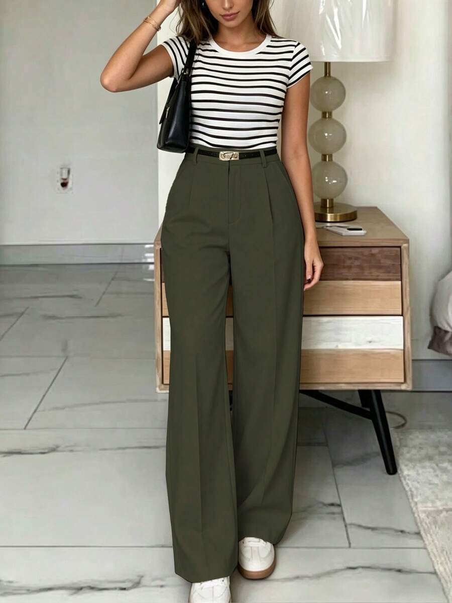 Pantalones de pierna ancha de cintura alta y ajuste delgado en verde militar, estilo callejero bohemio, adecuados para uso casual y de oficina en primavera y verano (cinturón no incluido) - Verde militar - Ver 1