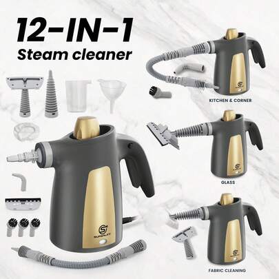 SUPERLEX 12-In-1 Steam Cleaner - Accessories Can Be Combined Into 3 Forms, 350ml Water Tank, 1050W Fast Heating & High-Pressure Cleaning, Portable Steam Cleaning Tool. Suitable For Kitchen Range Hoods, Sofas, Floors, Bathrooms & Windows.