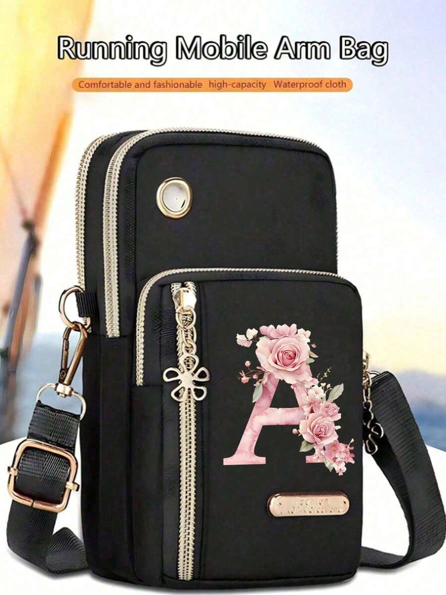 女士手机包，粉色花卉字母印花迷你斜挎包，竖款零钱包，运动手袋/跑步腕包，迷你休闲单肩斜挎手机包，带耳机孔，新款尼龙面料设计，女士手提包，时尚白领上班族适用，适合大学、工作、商务、通勤、办公室等场合，周年纪念日、送给爱人、生日、情人节、圣诞节、感恩节、母亲节、教师节、姐妹等节日礼物。 - 彩色 - 查看 1