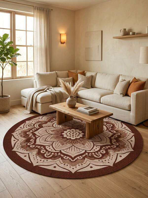1pc Round Rug Bohemian Soft Round Area Rug With Striped Pattern Area Rug, Comfortable For Bedroom, Living Room, Study, Entryway, Room Decor As Floor Mat, Non-Slip Absorbent Floor Mat, Washable & Non-Slip, Carpet For Living Room - Indoor All-Season Home Decor, Nordic Modern Round Bedroom Rug, Living Room Large Rugs, Brown And Black Tones, Bedside Rug, Cirlce Rug, House Decor, Bedroom Decor