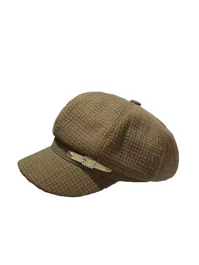 A Classic PU Label Decorated Beret For Men And Women, French Solid Color Plaid Embossed Newsboy Hat, Vintage Painter Hat Suitable For Outdoor Use