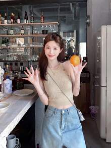 女士菱形针织吊带无袖露脐上衣，时尚街头风度假周末穿搭 - 杏色 - 查看 5