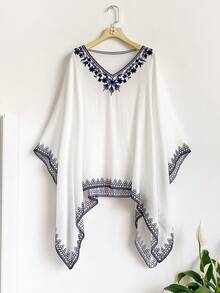 1 chiếc áo choàng kimono cổ chữ V thêu hoa thanh lịch, kiểu dáng Bohemian, nhẹ nhàng dành cho nữ, thích hợp mặc đi biển mùa xuân/hè, chống nắng, phụ kiện thời trang, quà tặng đa năng. - trắng - Xem 7