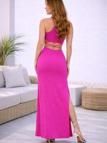 Conjunto falda con abertura delantera plisada  y crop top con cintas en cintura - Rosa Fucsia - Ver 3