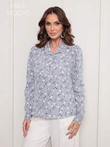 Camisa Estampado Floral Feminina de Manga Longa Elegante - Cinza - Visão 9