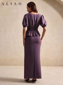 ALIAO Summer Elegant Purple Twisted Waist Ruffle Faux Linen Textured Top And Fishtail Skirt 2-Piece Set, Office Commute Casual Outfit - Purple - View 7