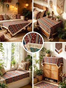MineLain 1pc Bohemian Geometric Striped Tablecloth, Rectangular Table Cover, Decorative Cloth For Coffee Table, Bedside Cabinet, Dining Table, Suitable For Home, Kitchen, Dining Room, Party, Wedding, Holiday, Picnic, Outdoor Activities, All Seasons, Spring/Summer - Multicolor - View 4