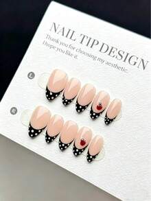 10 Pieces Of Handmade Press-On Nails, Short Almond-Shaped Stick-On False Nails. Fashionable And Styles Feature Hand-Painted Cute Ladybug Patterns And Hand-Painted White Polka Dots, With A Classic Black French Design Paired With A Nude Base. These Are High-End White Finished Nail Patches Suitable For Women And Girls For Daily Wear, Reusable, And Come With A Tool Kit. - Black - View 2