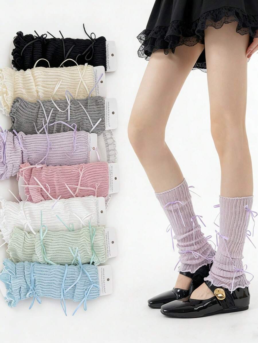 1 par de calentadores de pierna de media pantorrilla con estilo de ballet, de malla y encaje, de moda casual y delgados para primavera/verano, con letra de encaje crema - Multicolor - Ver 1
