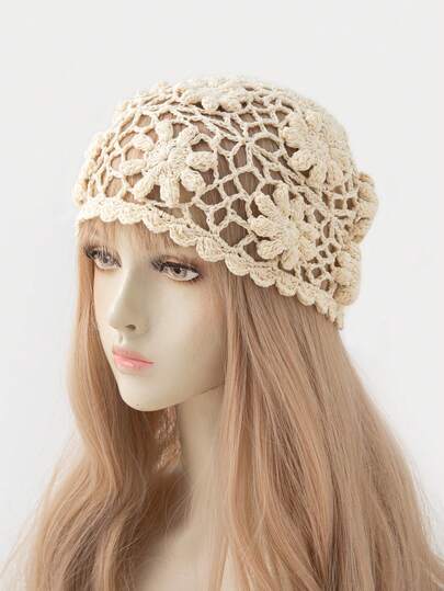 1顶女士时尚手工钩编花卉针织帽，轻盈透气，适合春季佩戴，也适合海滩度假，波西米亚风格