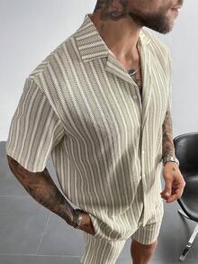 男士条纹短袖纽扣休闲衬衫，夏季 - 綠色 - 查看 6