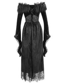 Đầm ren bồng bềnh trễ vai kiểu Gothic, đầm dài cổ điển sang trọng ôm eo kiểu retro. - màu đen - Xem 4