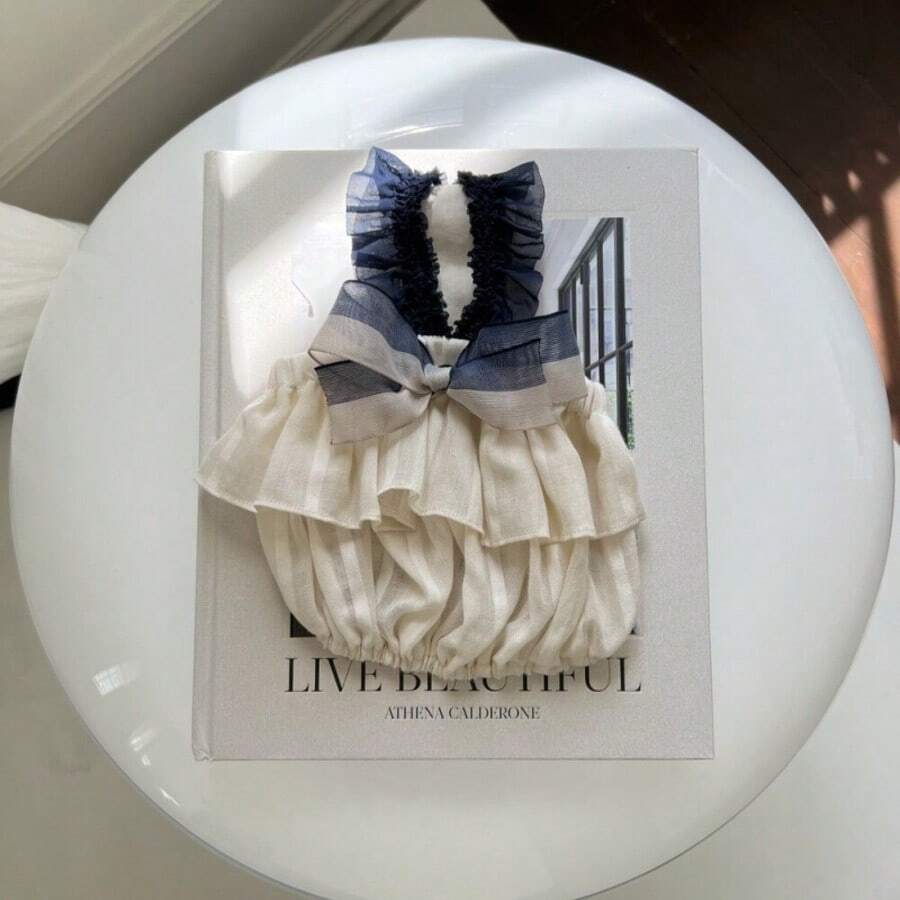 优雅蓝色蝴蝶结荷叶边宠物连衣裙，适合小型犬猫幼犬小猫 - 藍白色 - 查看 1