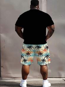 2pcs Plus Size Men's Coconut Tree Print Short Sleeve Shorts Set, Round Neck Tee With Drawstring Shorts, Breathable Soft Comfortable Fabric - Black - View 3