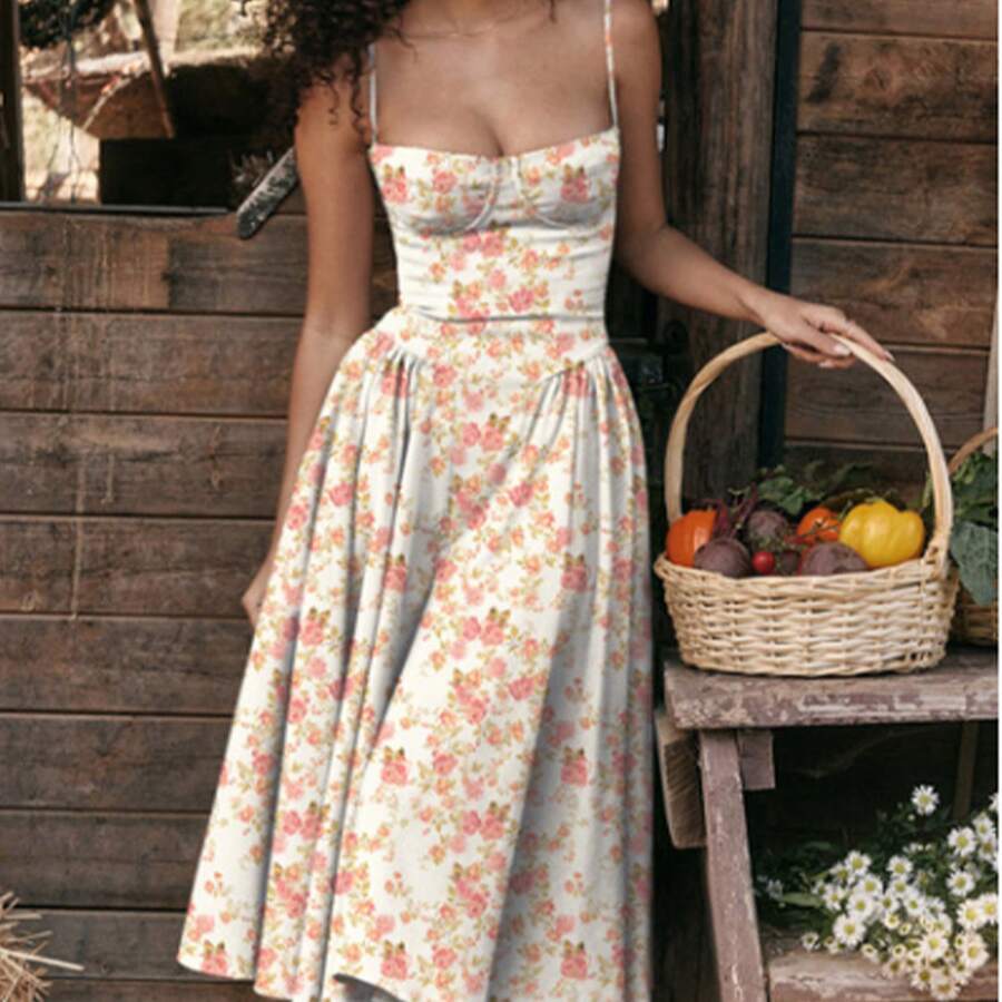 2026 Spring New Women's Clothing: Cross-Border European And American Dress, Elegant French Retro Waist-Cinching Strap Dress - 紅色碎花 - 查看 1