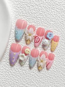 10Pcs Playful And Sweet Style Handmade Nail Art Set,Unghie Press On,Piggy Nose, Button Nail Art Accessories,Hand Sculpted White Five Petal Flowers And Polka Dots Nail Art Decorations,Blue, Yellow, Pink, Green, White And Purple Nail Polish,Fresh, Fairytale Style,Comes With Nail Tools(1 Sheets Jelly Stickers+1PC Nail File)3 Sizes Available,Almond Nails, Duck Nails,Coffin Nails,Suitable For Reunion,Daily,Party,Photograph,Play,Spring Summer,Commute Supplies Nails - Nhiều màu - Xem 14