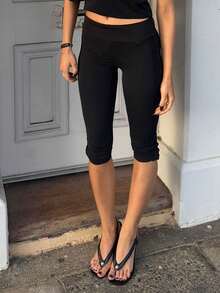 Womens Split Hem Capri Pants Fold Over Waist Solid Color Slim Fit Cropped Pants Trousers - 黑色 - 查看 2