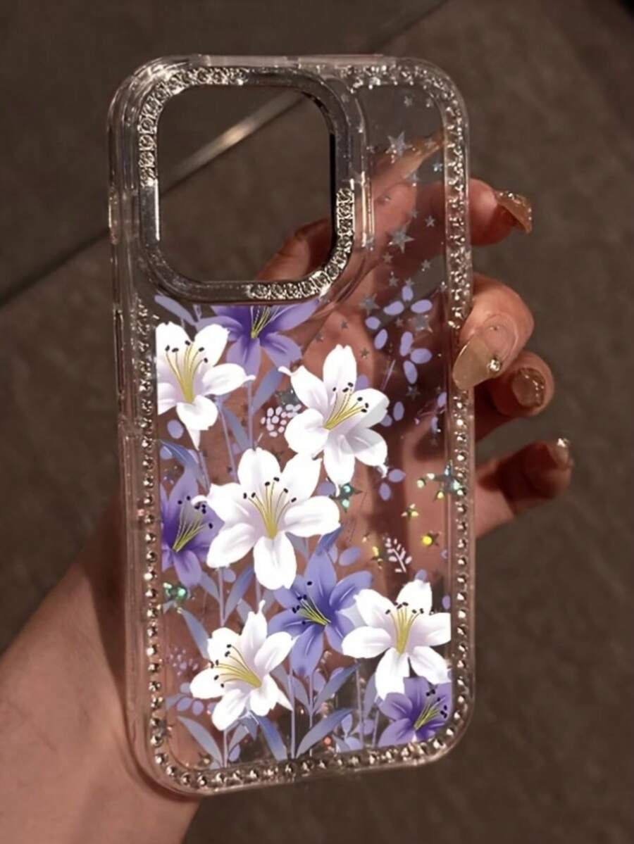 1 pieza Funda de teléfono de moda de lujo con rhinestones y estampado de lirio morado, cubierta transparente con borde brillante y protección contra golpes, adecuada para iPhone 17 Pro Max, 17 Air, 16, 15, 14 Plus, 13, 12, 11, regalo de Navidad, regalo para amigos y familiares - transparente - Ver 1