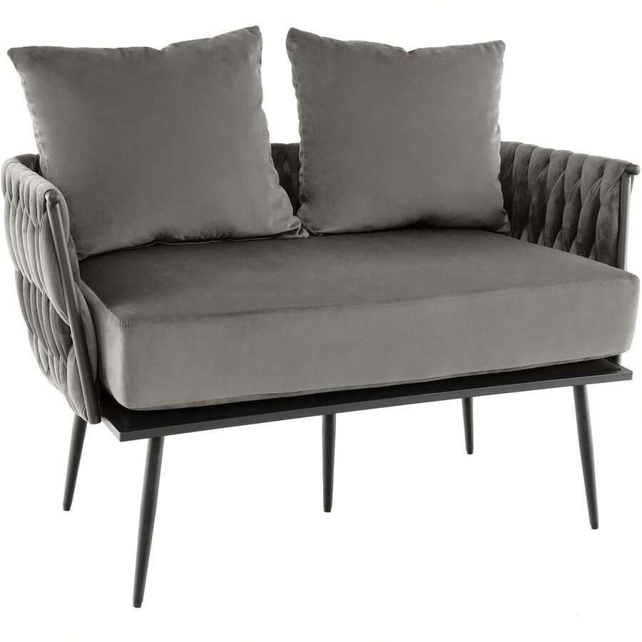 Loveseat Sofa, Upholstered 2 Seat Sofa Couch With Dutch Velvet, Woven Back And Arms, 2 Pillows, Removable Padded Cushion, 5 Solid Metal Legs, For Living Room Apartment Reception Room (Gray) - Grey - View 1