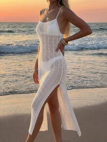 Women's French European & American Solid Color Sexy Knit Hollow See-Through Beach Backless Sleeveless Spaghetti Strap Dress Vacation White Summer - White - View 7