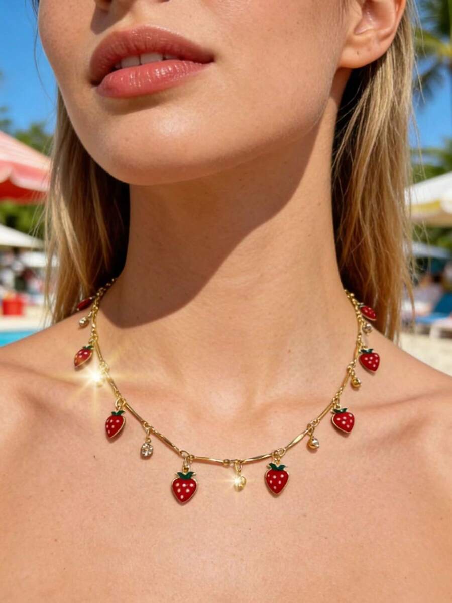 1 chiếc vòng cổ mặt dây chuyền hình quả dâu tây dễ thương đính đá pha lê, thích hợp để đeo hàng ngày, đi chơi, đi biển, làm quà tặng cho bạn bè, sinh nhật, ngày lễ, Ngày của Mẹ. - Đỏ - Xem 1