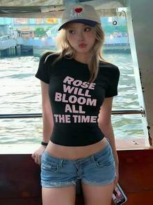 Áo croptop ngắn tay cổ tròn in chữ "Hot Girl" dành cho nữ, kiểu dáng mùa hè mới. - Đen nâng cao - Xem 2