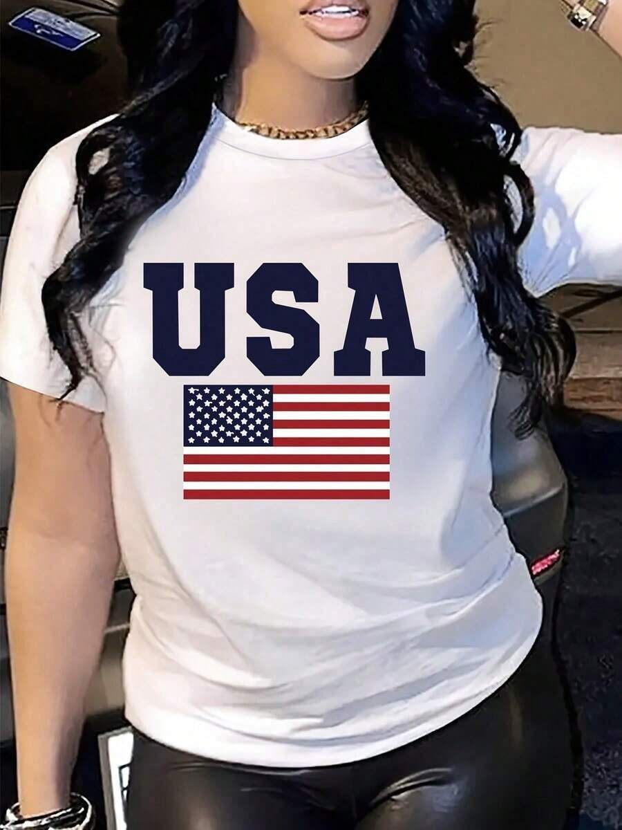 1 pieza [Camiseta Estampada para Mujer] Camiseta Casual Elegante con Estampado de Letras para Mujer - Sudadera con Estampado Direccional - Camiseta Deportiva de Cuello Redondo para Primavera-Verano-Otoño 180g Algodón 100% - Blanco - Ver 1