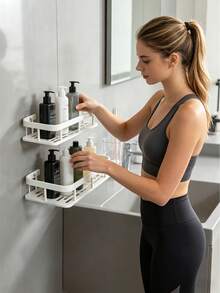 1pc Or 2pcs No Drill Adhesive Wall Mounted Shower Caddy, Space-Saving Slim Design, Large Capacity Open Storage, Multi-Function Floating Organizer Rack, Ideal For Bathroom Use - White - View 7