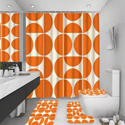 1/4pcs Orange Medieval Bohemian Style Shower Curtain Set, Modern Abstract Geometric Art Bathroom Curtain, Waterproof Polyester Fabric With 12 Hooks