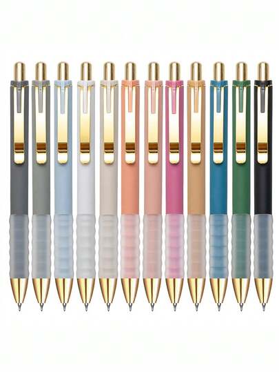 12支装多色圆珠笔，黑色墨水，握感舒适，0.5毫米细笔尖，书写流畅，软压式圆珠笔，适合学生和办公使用。
