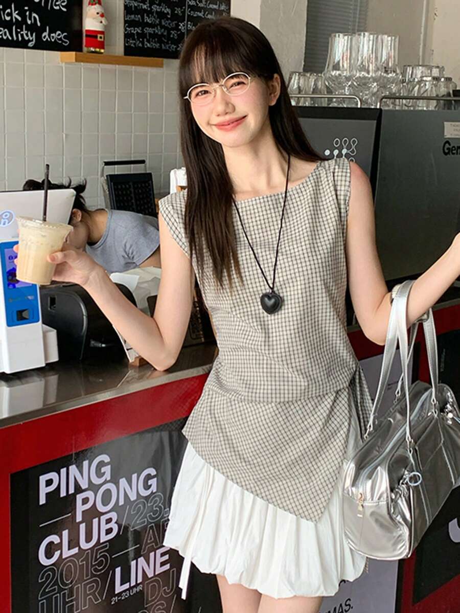 Áo gile kẻ caro cho nữ, kiểu dáng mùa hè, áo crop top phong cách retro thắt eo. - Màu be - Xem 1