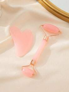 2pcs Face Massage & Gua Sha Tools Set: Natural Green Jasper Face Roller Includes 1 Double-Head Massage Roller And 1 Heart-Shaped Gua Sha Board. Helps Reduce Facial Puffiness, Soothe Delicate Skin, And Reveal Natural Radiance. - A - View 6