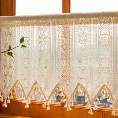 1pc Bohemian Style Woven Sheer Curtain Panel With Tassels, Triangular Valance, Vintage Country Kitchen Curtain