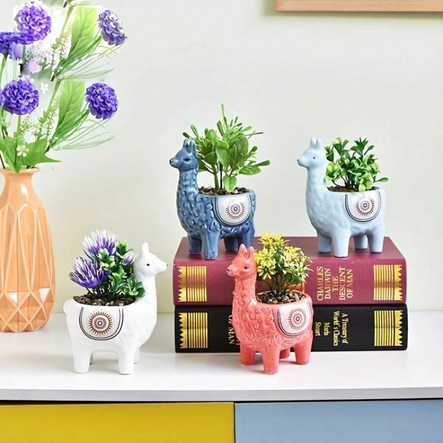 [Ceramic Animal Garden] Hand-Painted Alpaca Succulent Planter, Ceramic Material, Handmade, 3pcs/Set, Great Gift - Tao Meng Zoo - View 1